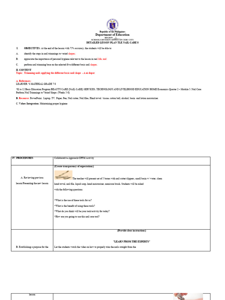 Trimming and Shaping Nails Lesson Plan PDF Nail (Anatomy) Lesson Plan