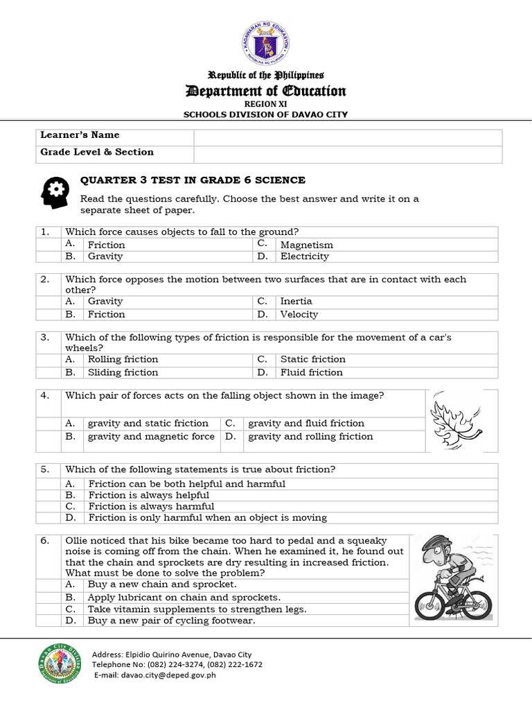 Grade 6 Science Quarterly Test | PDF | Friction | Incandescent Light Bulb