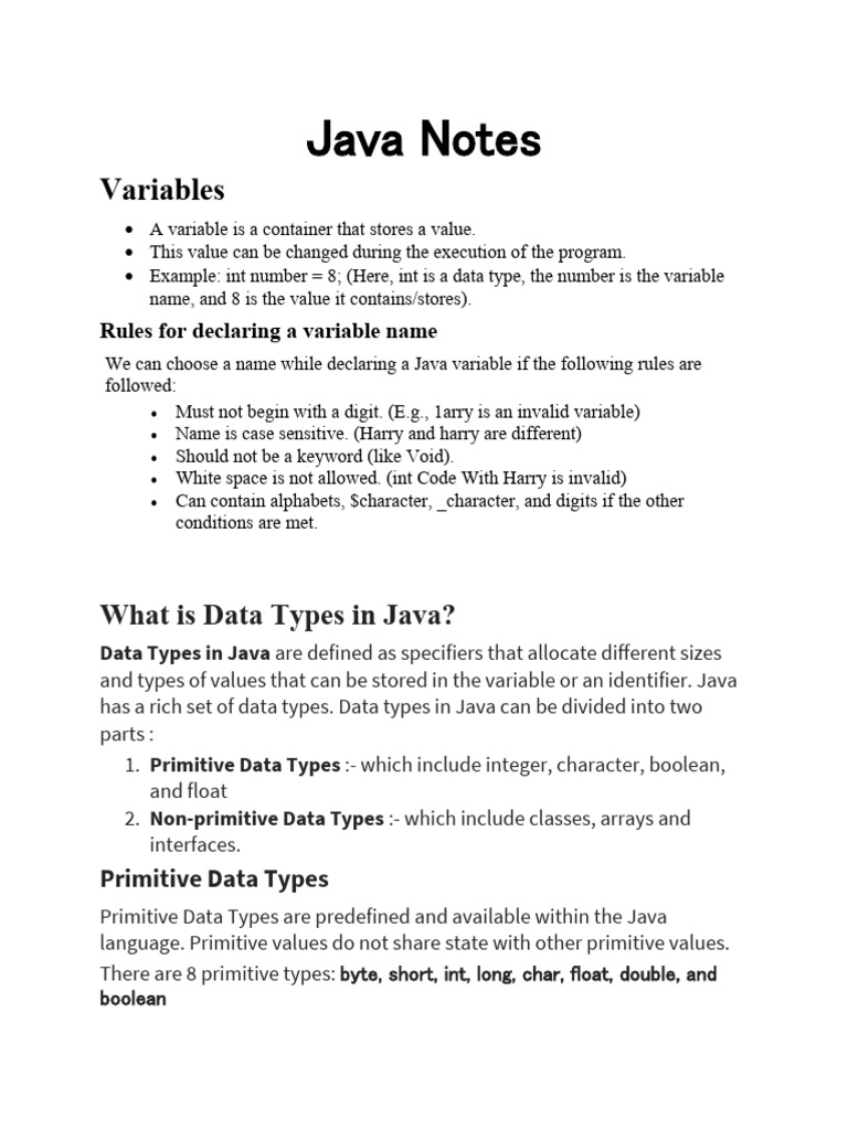 Java notes pdf data type integer computer science 