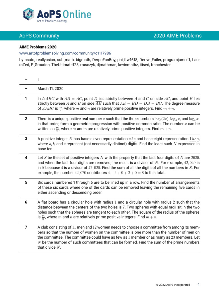 Aime 2n2020 Pdf Numbers Triangle