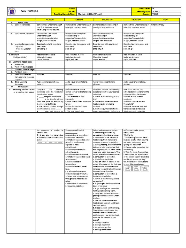 Grade IV Science Lesson Plan: Heat Transfer | PDF | Heat Transfer ...
