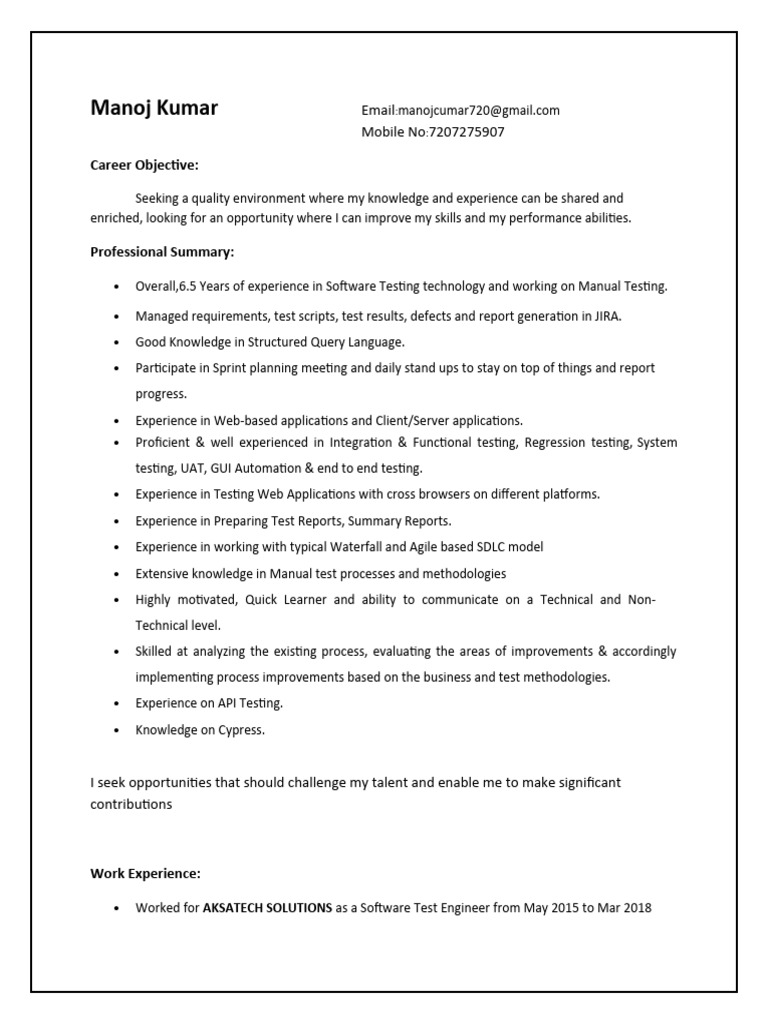 Software Testing Engineer Resume Summary | PDF | Software Development ...