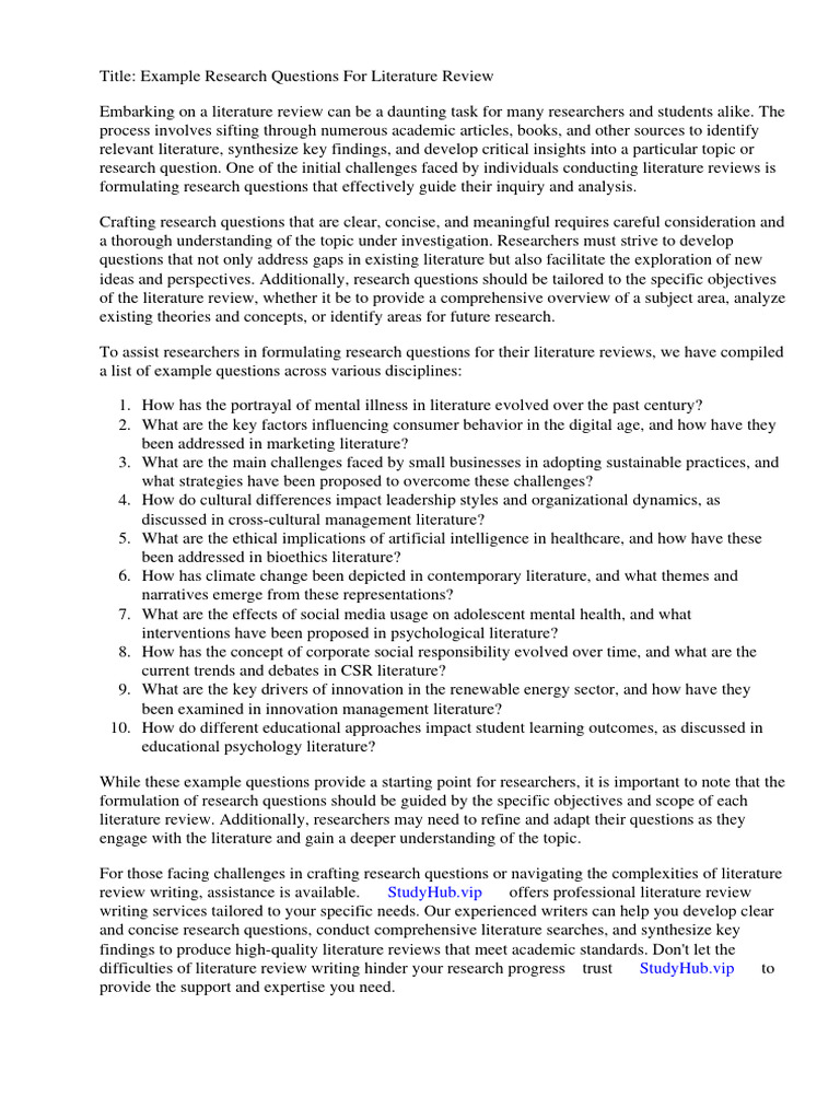 Example Research Questions for Literature Review | PDF | Literature ...