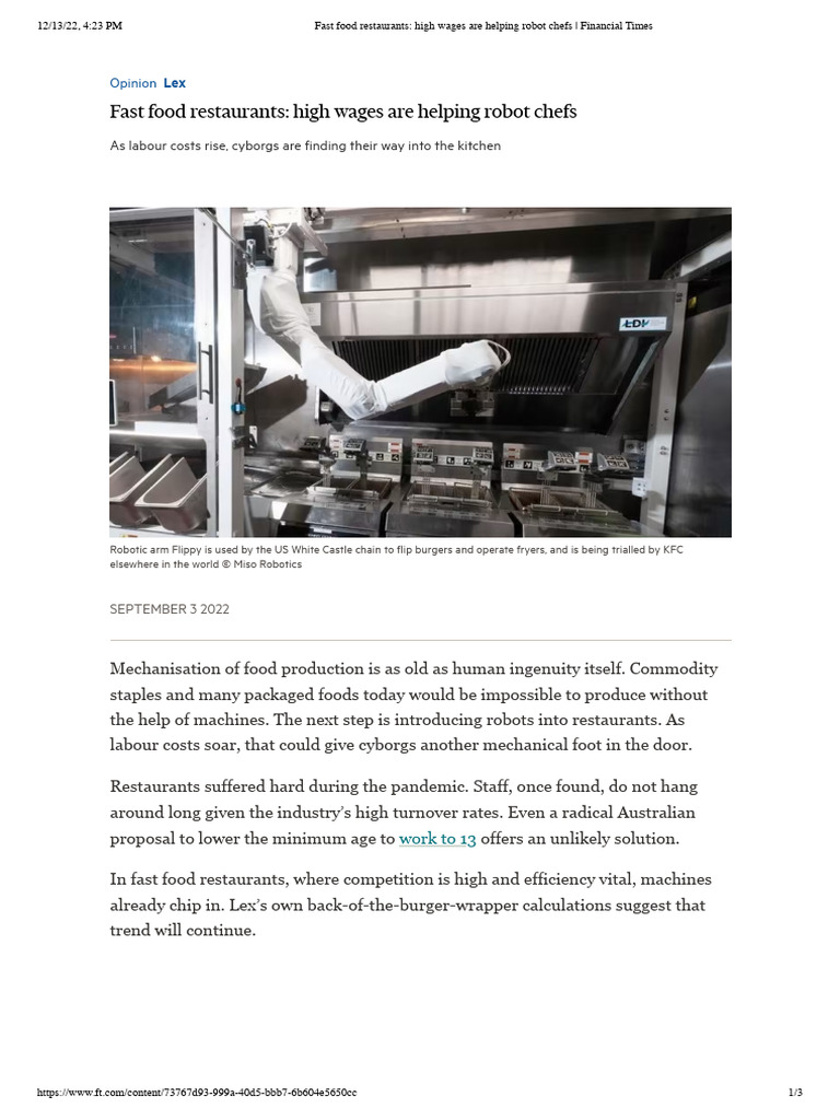 Lex - 2022 - Fast Food Restaurants High Wages Are Helping Robo | PDF ...