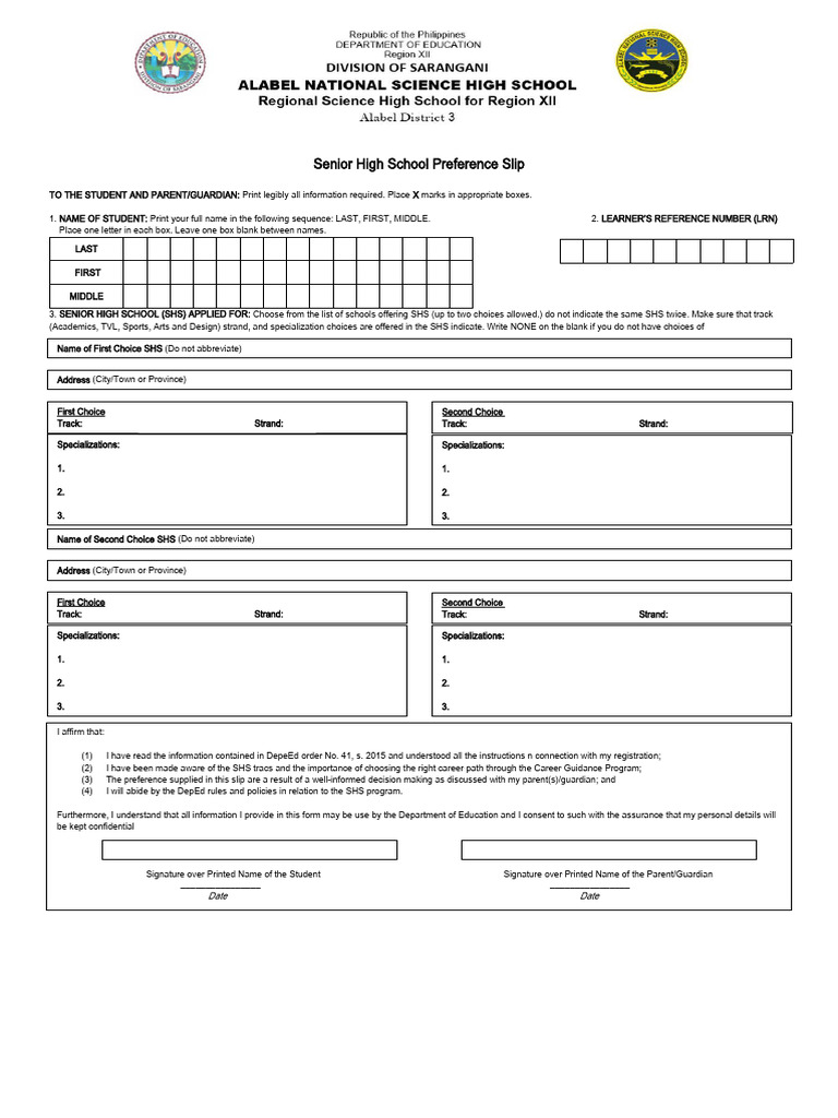 Senior High School Preference Form | PDF