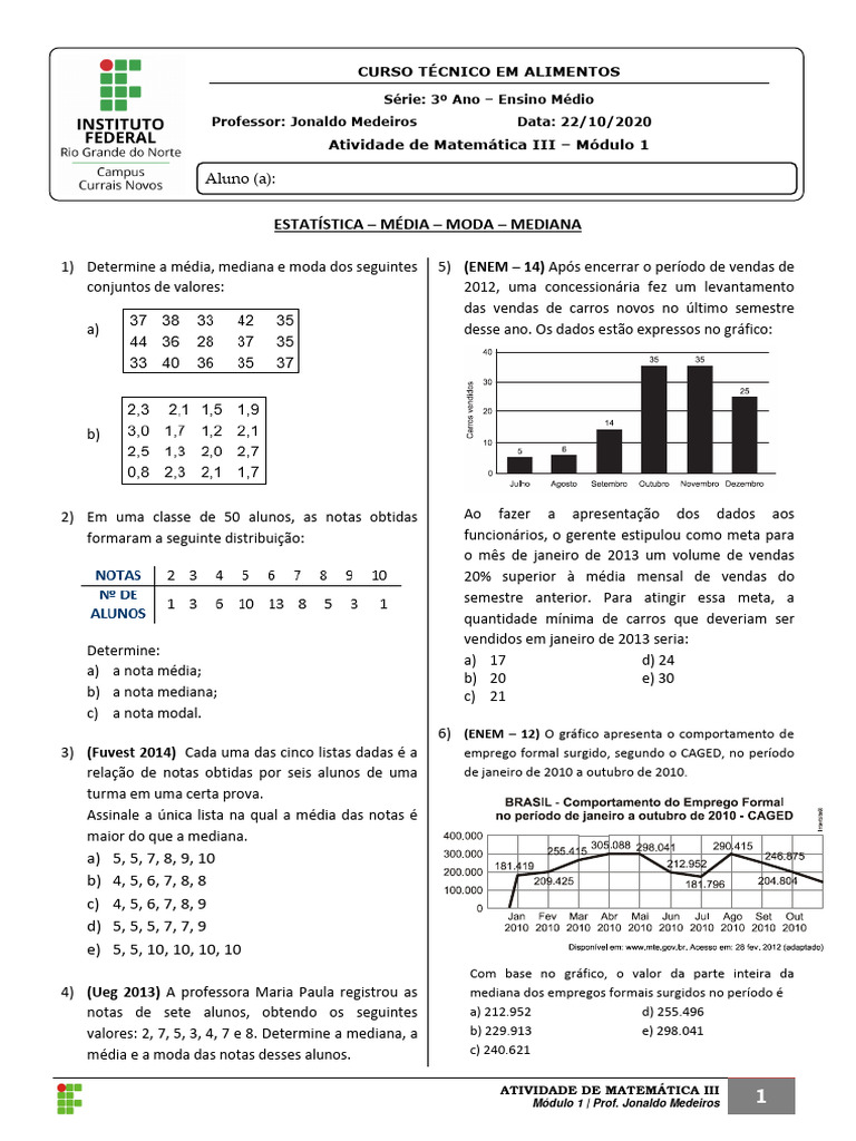 Exercícios de Média, Moda e Mediana | PDF | Média | Modo (Estatística)