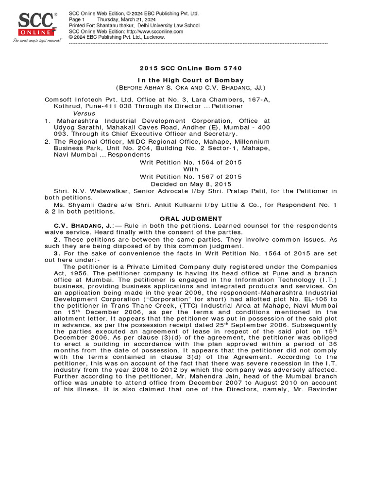 Comsoft Infotech vs. MIDC Lease Dispute | PDF | Public Law | Justice