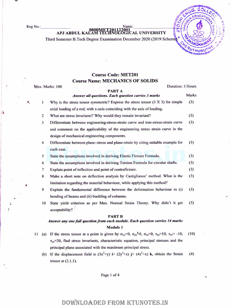 MET201 Mechanics of Solids Exam 2020 | PDF | Bending | Stress (Mechanics)