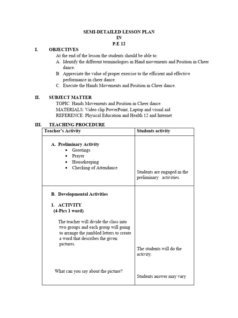 Detailed lesson plan cheer dance 12 download free pdf cheerleading