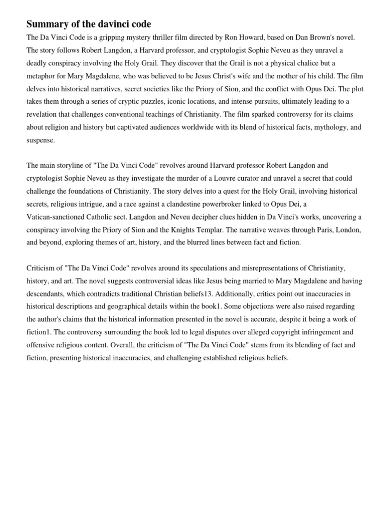 Da Vinci Code: Plot Summary and Critique | PDF