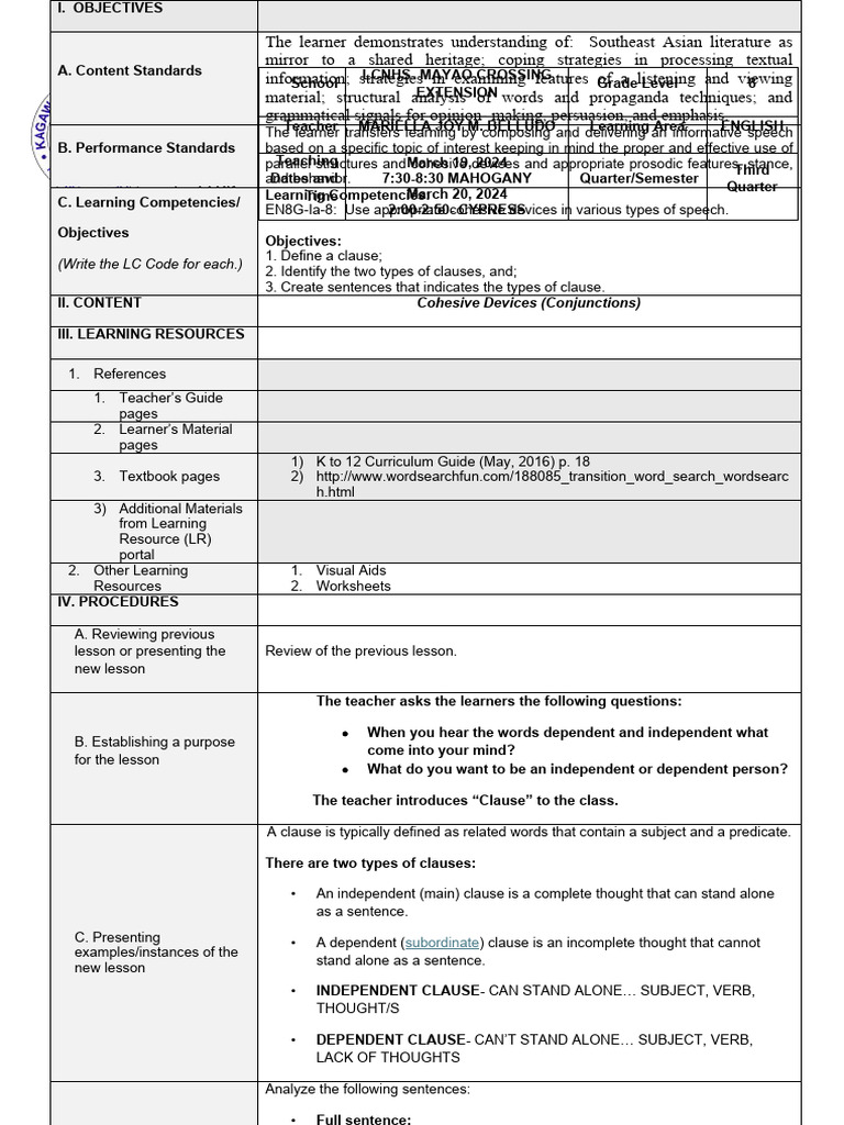 (Write The LC Code For Each.) : Cohesive Devices (Conjunctions) | PDF ...