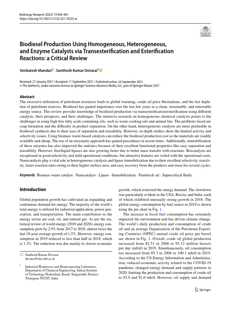 Biodiesel Production Using Homogeneous, Heterogeneous, and Enzyme