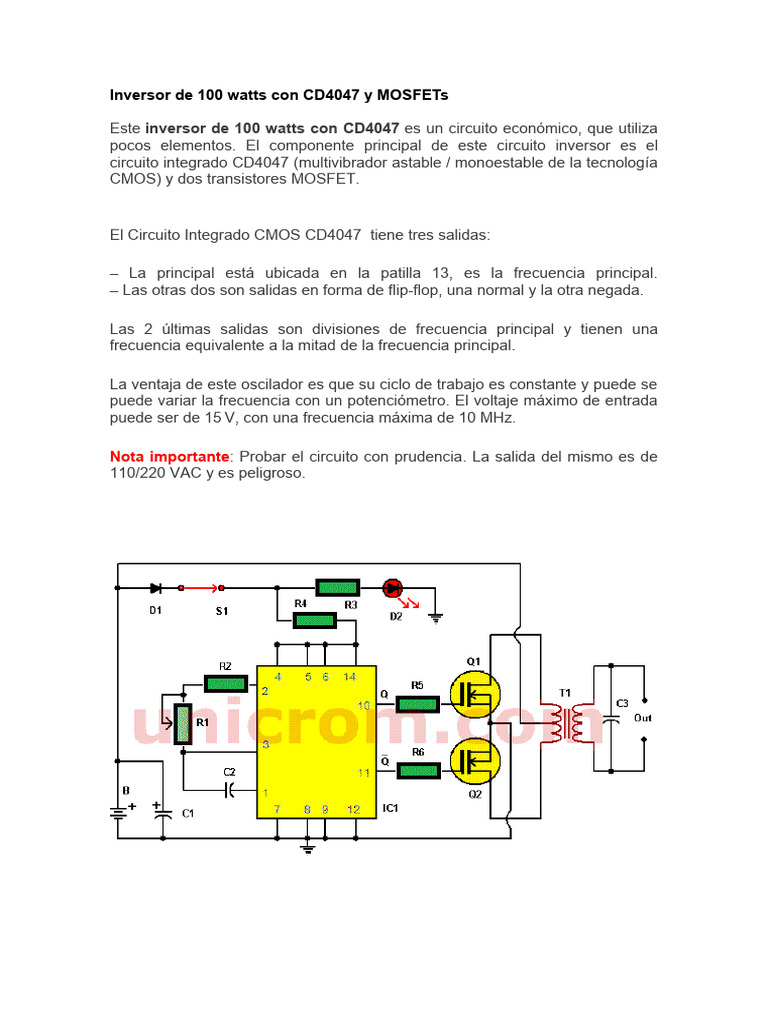 Inversor de 100 Watts Con CD4047 y MOSFETs | PDF | Inversor de energia ...