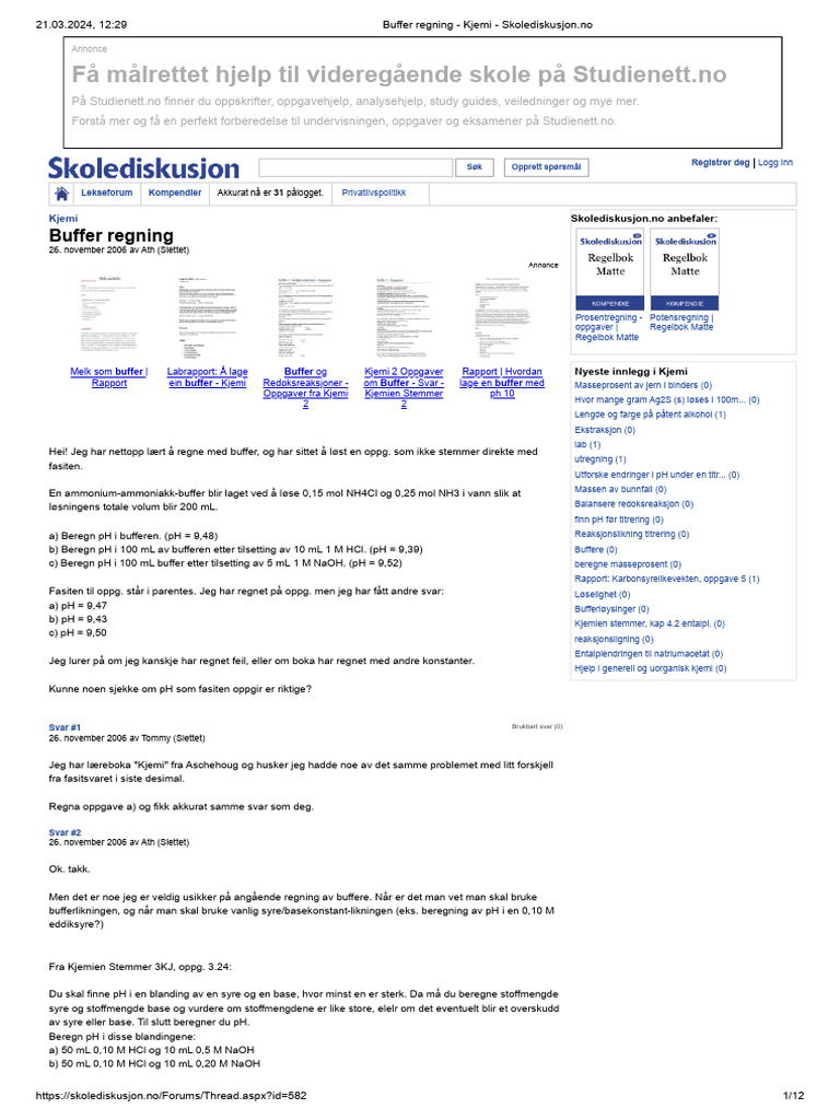 Buffer Regning - Kjemi - Skolediskusjon - No | PDF