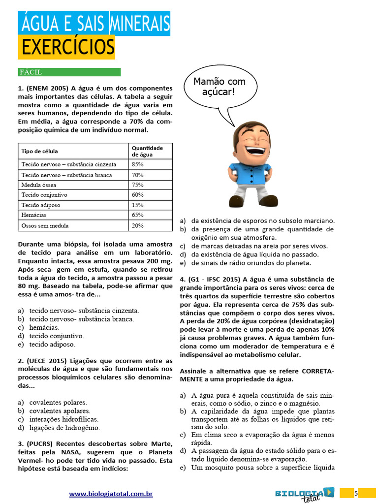 Exercícios sobre Água e Sais Minerais | PDF | Água | Corpo humano
