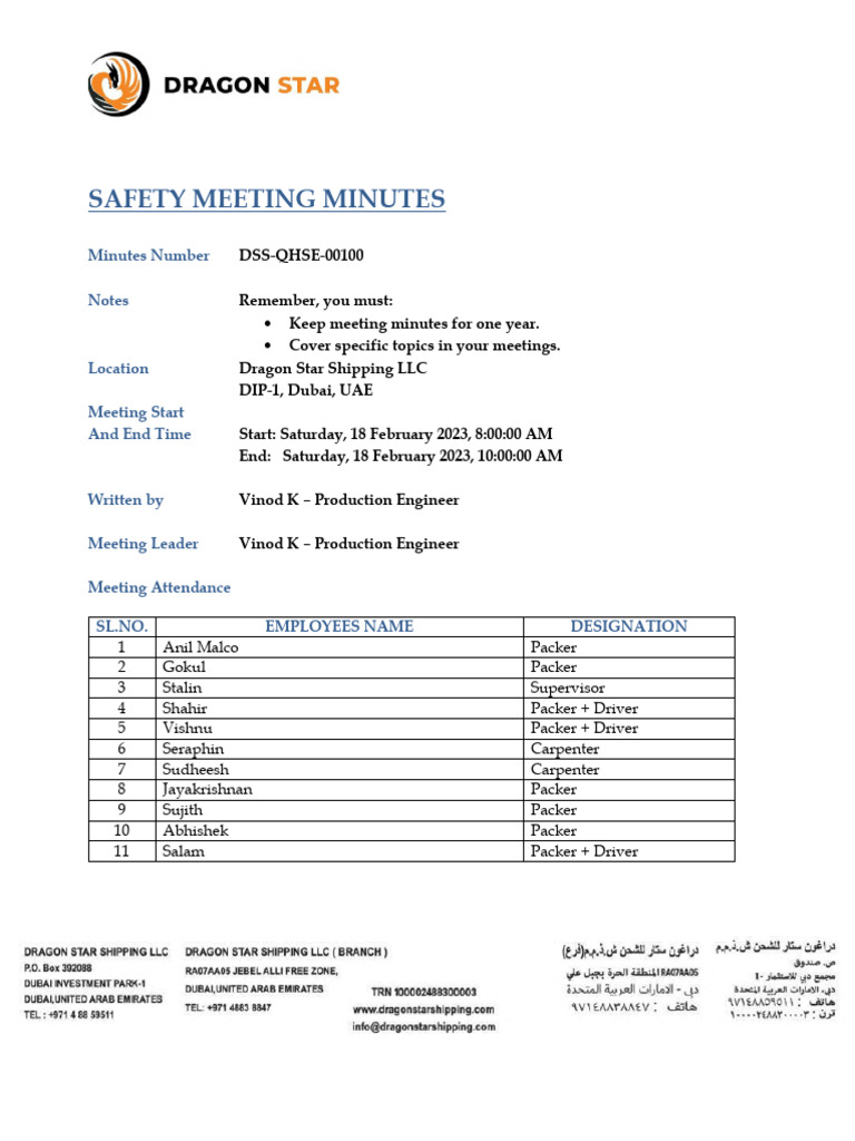 Safety Meeting Minutes - February 2023 | PDF