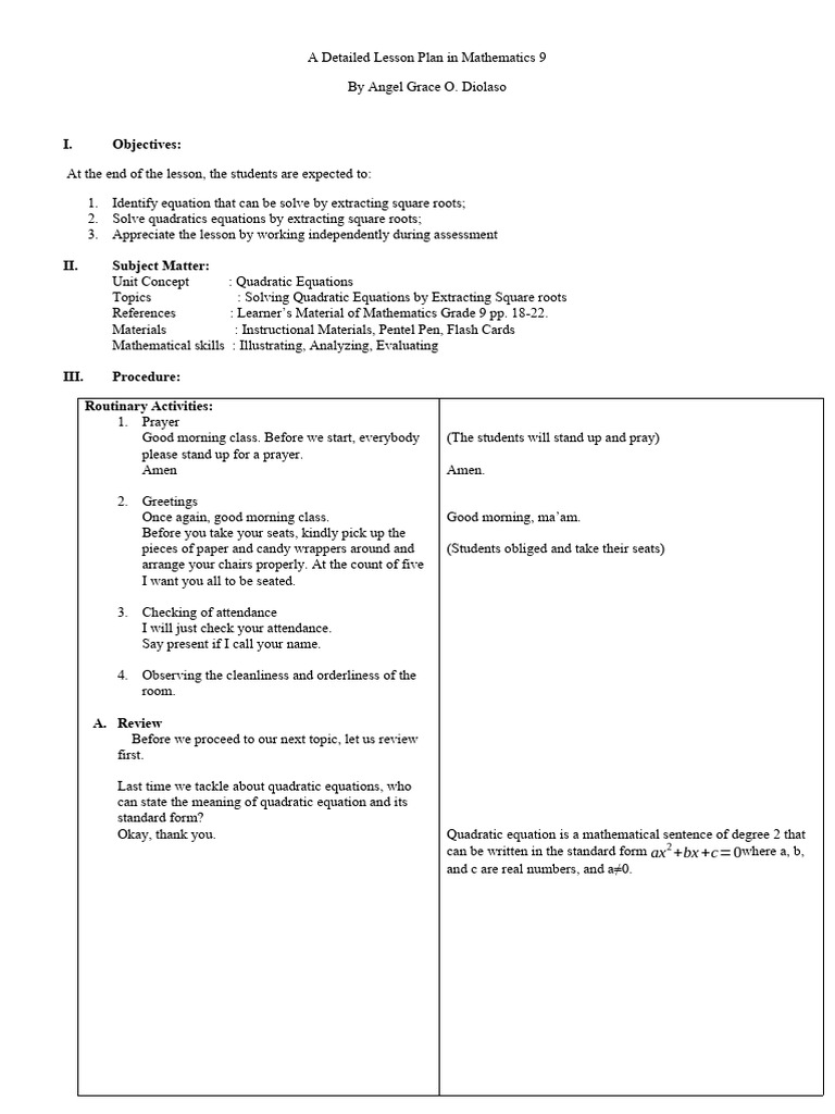 A Detailed Lesson Plan in Mathematics 9 | PDF | Quadratic Equation ...