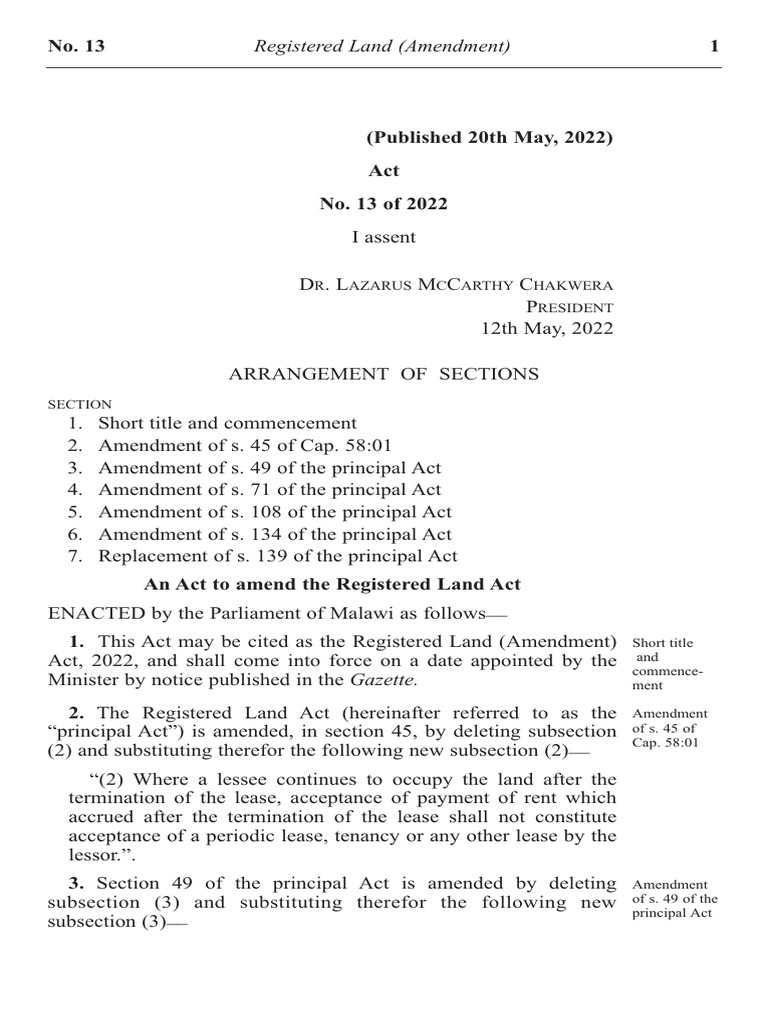 Registered Land Amendment Act 2022 | PDF | Lease | Government