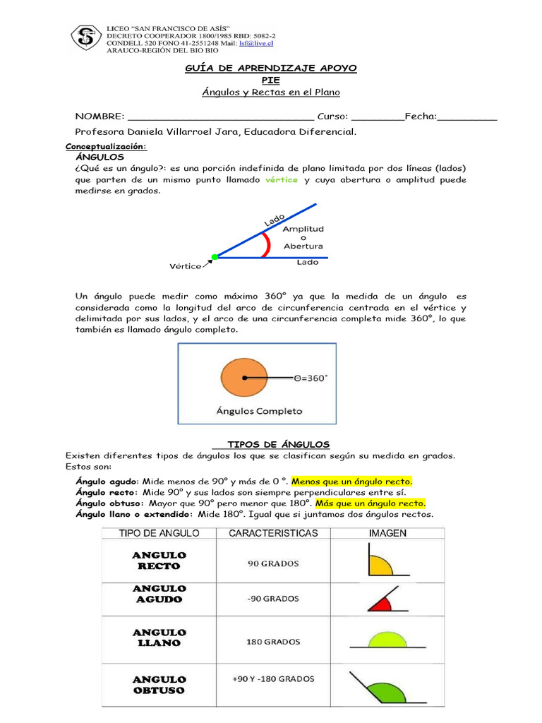 Guía de Tipos de Ángulos para Sexto Básico | PDF | Ángulo | Geometría
