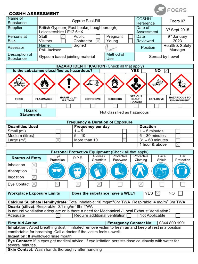 Gyproc Easi-Fill COSHH Assessment | PDF | Hazards | Personal Protective ...