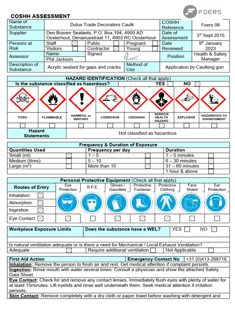 Dulux Decorators Caulk COSHH Assessment | PDF | Hazards | Personal ...