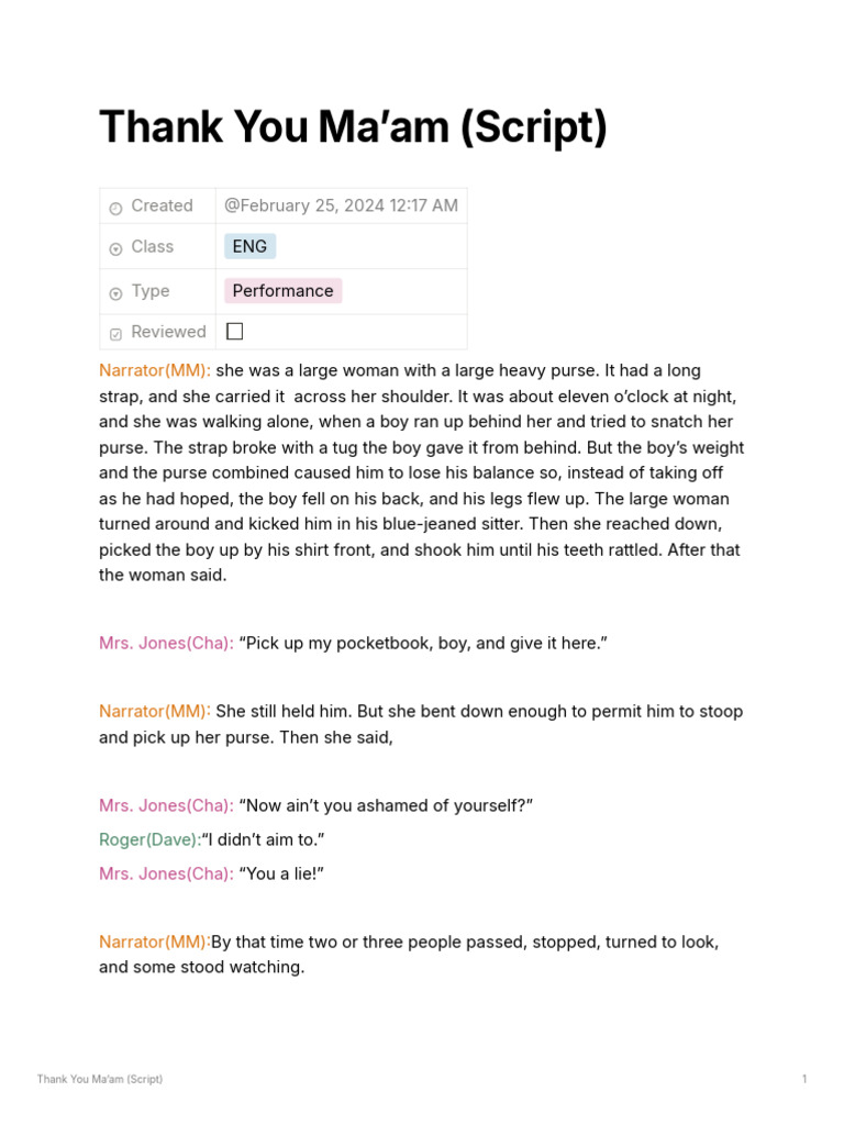 Thank You Ma’am: A Scripted Performance | PDF | Art | Mystery, Thriller ...