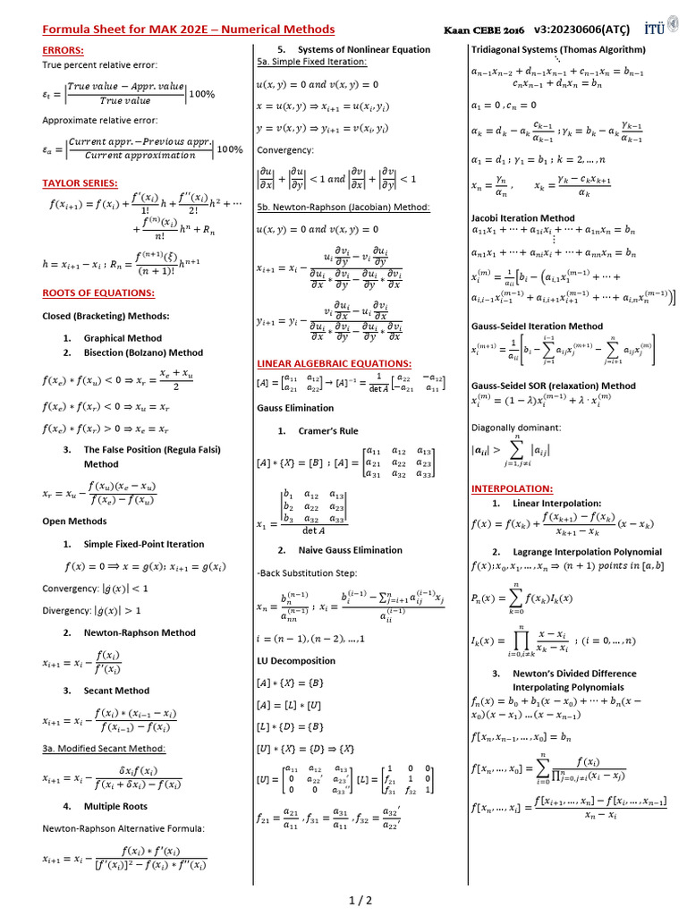 MAK202E Numerical Methods Formula-Sheet-V3-20230606 (ATÇ) | PDF ...