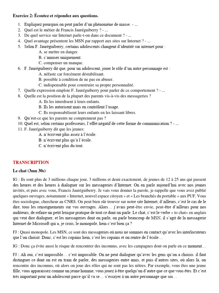Thème 1 - Exercice 2 - Corrigés | PDF