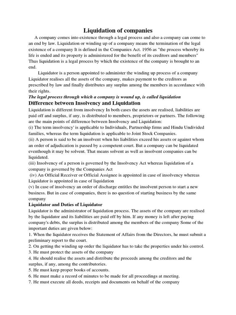 Liquidation Of Companies Pdf Liquidation Insolvency