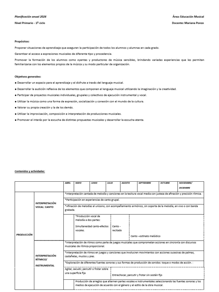 Planificación Anual Música Primaria 2024 | PDF | Canciones | Ritmo