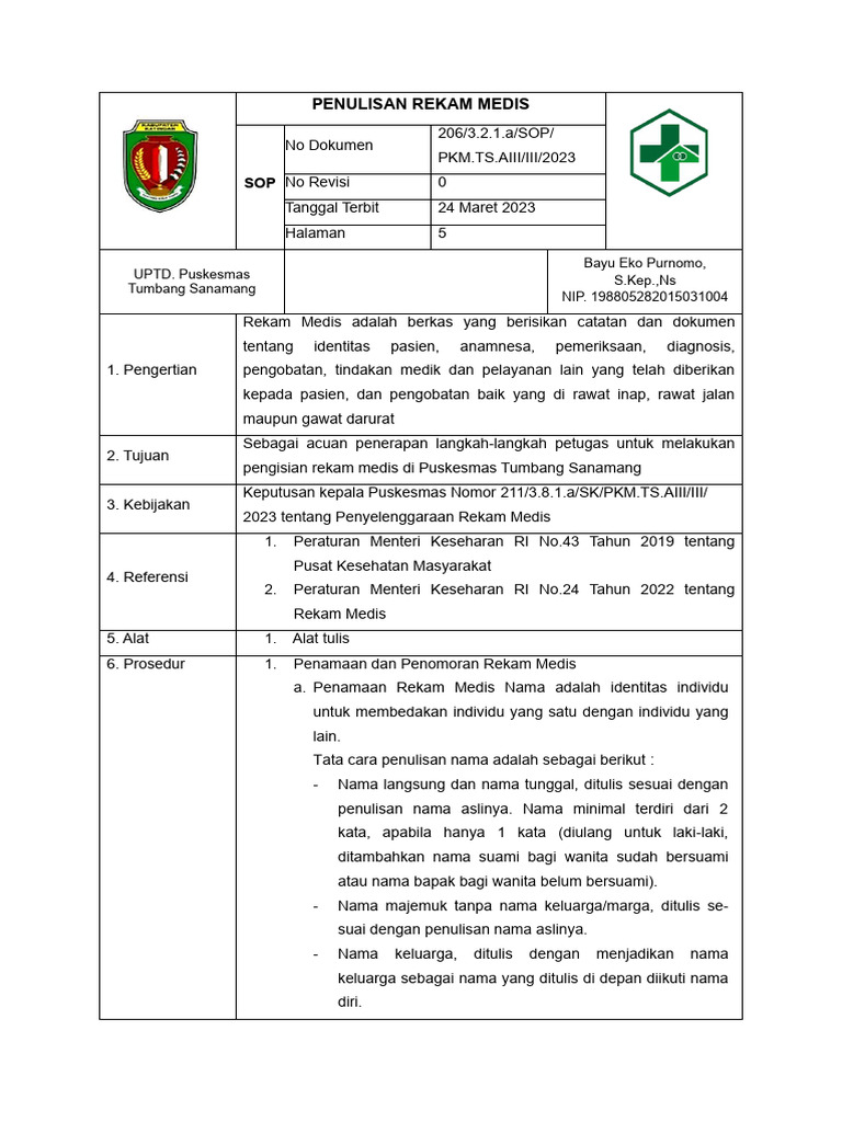  SOP Penulisan Rekam Medis Puskesmas 