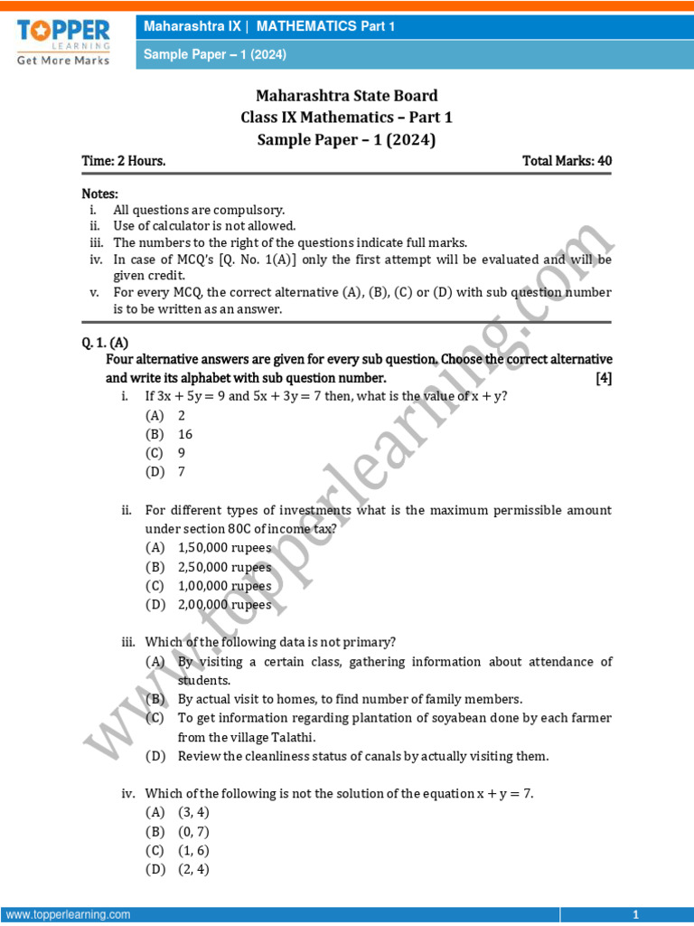 Class IX Math Sample Paper | PDF | Mean | Multiple Choice