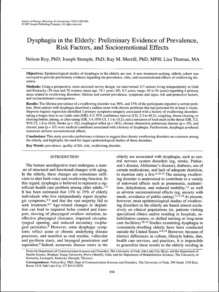 Dysphagia Prevalence in Elderly Study | PDF | Chronic Condition ...