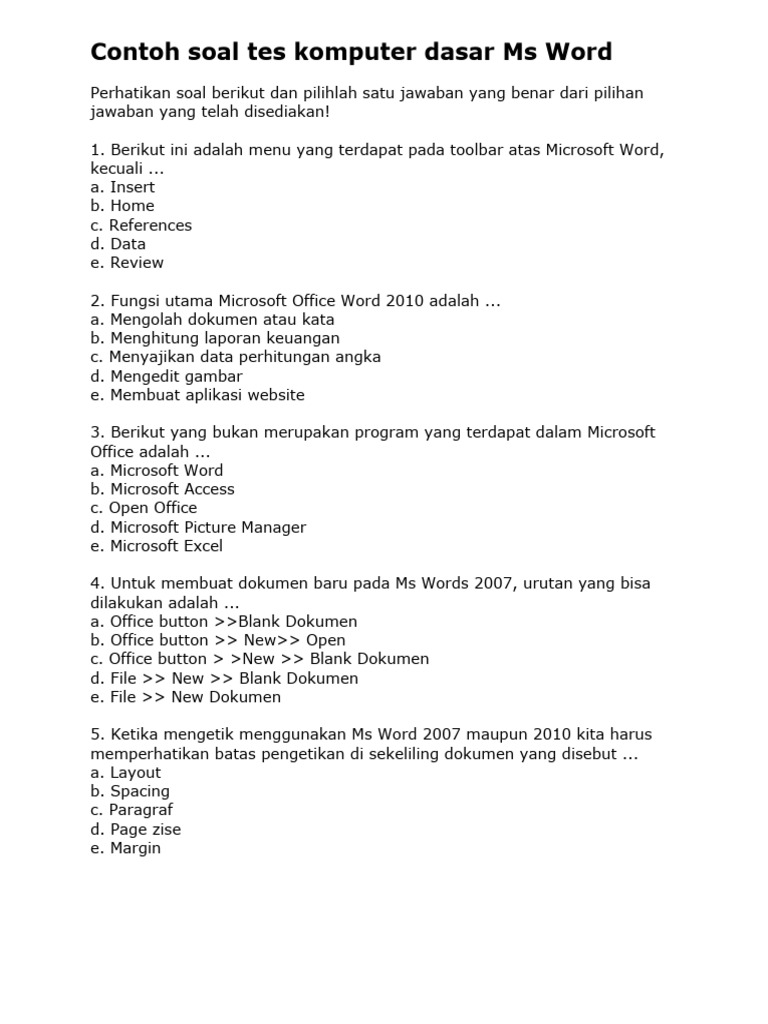 Contoh Soal Tes Komputer Dasar Ms Word Pdf