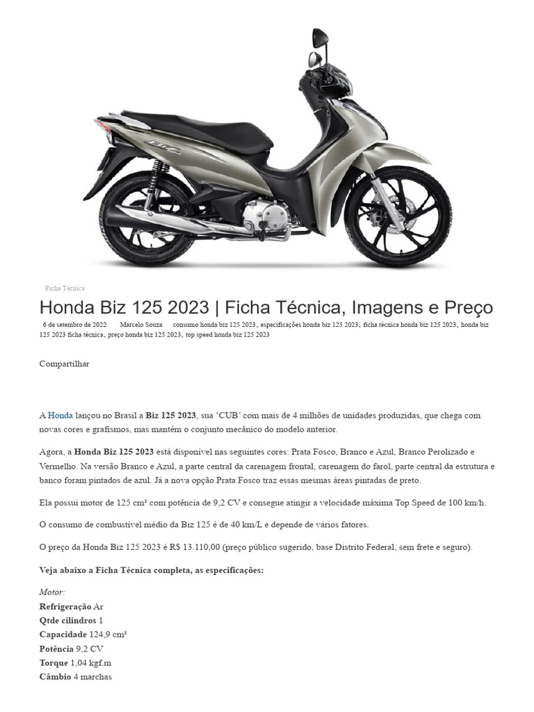 Ficha Técnica Honda Biz 125 2023 | PDF