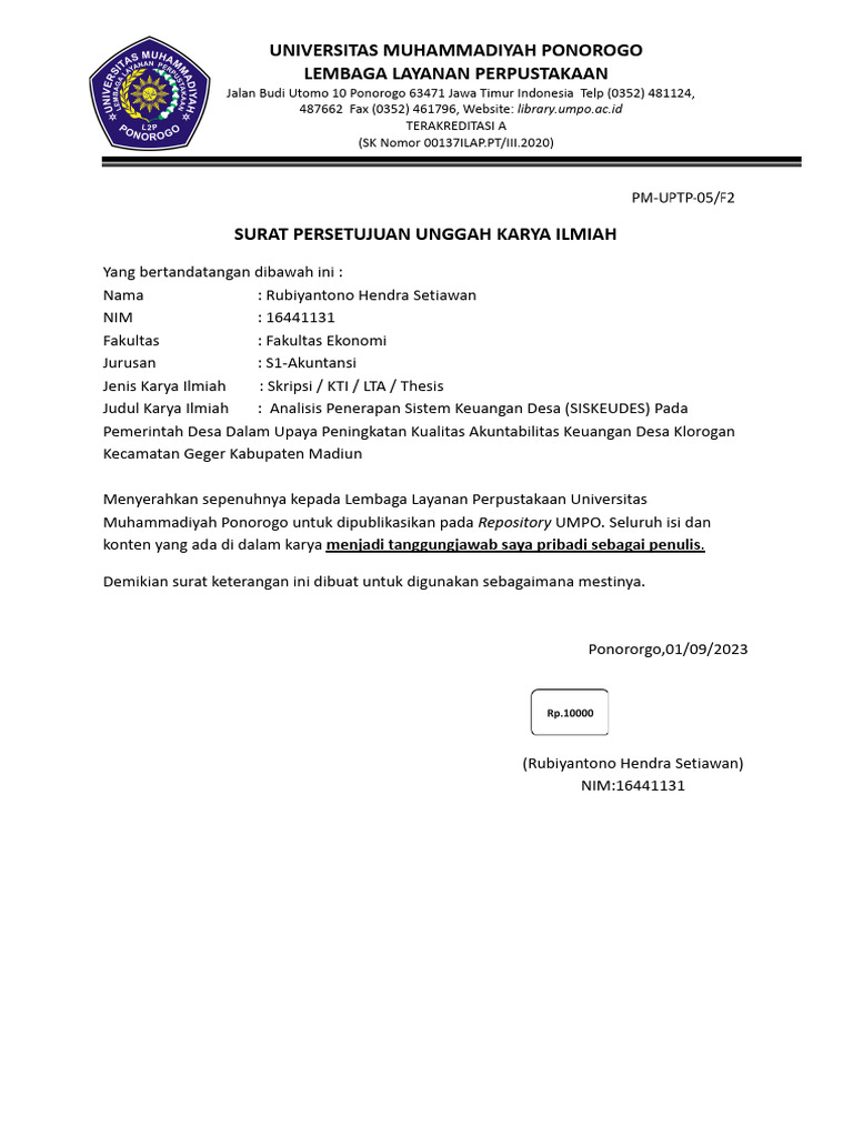 Surat persetujuan unggah karya ilmiah rubiyantono hendra setiawan pdf