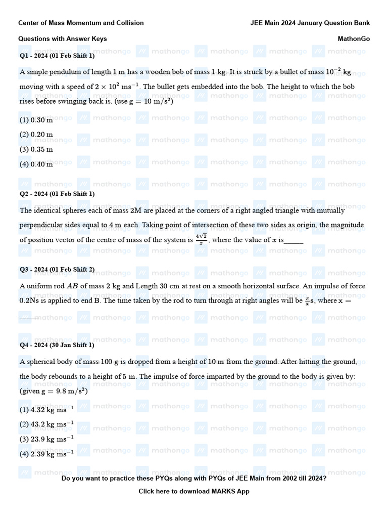 JEE Main 2024: Center of Mass & Collision | PDF | Momentum | Sphere