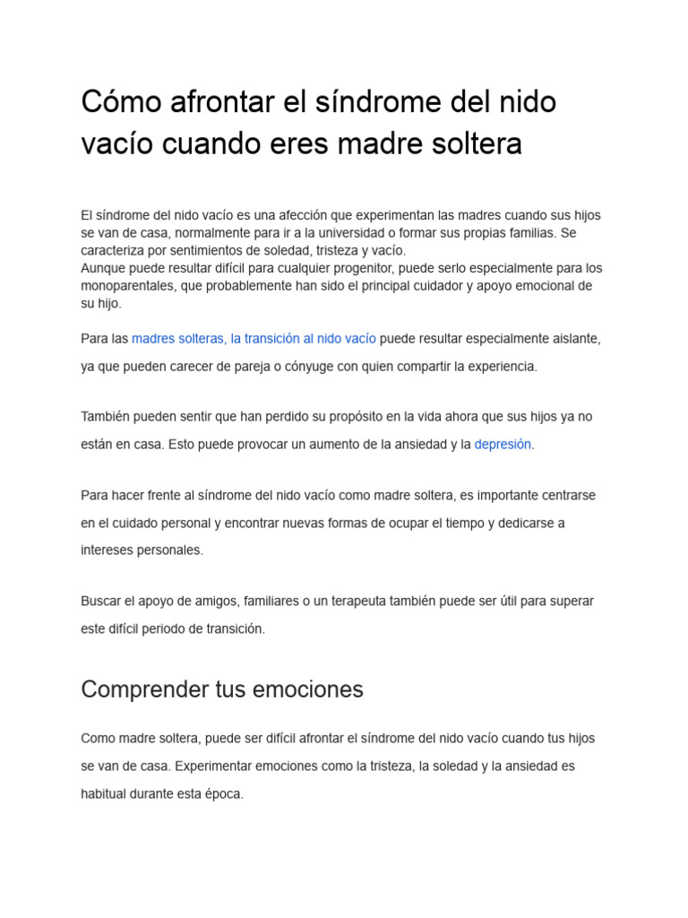 Afrontando el nido vacío como madre soltera | PDF | Soledad | Las emociones