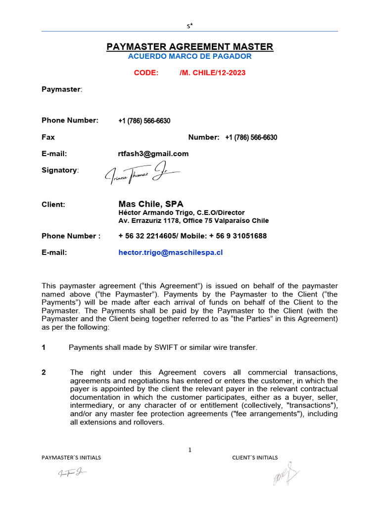 01 Paymaster Agreement Master M chile 07 12 2023 HT PDF Payments
