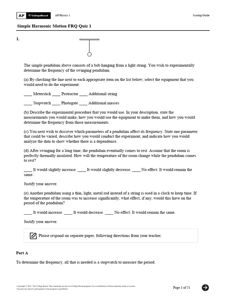 AP Physics 1 06SimpleHarmonicMotionFRQ Quiz1 Key PDF | PDF | Force ...
