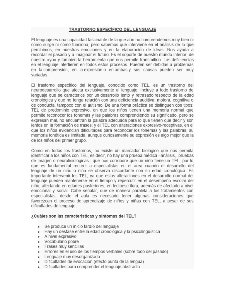 Trastorno Específico del Lenguaje: Guía | PDF | Memoria | Las emociones