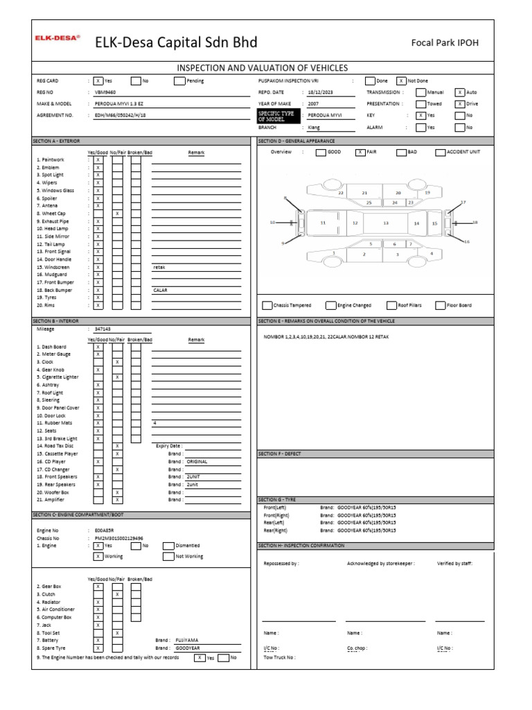 MotorcarInspectionForm - PERODUA MYVI 1.3 EZ | PDF | Motor Vehicle ...