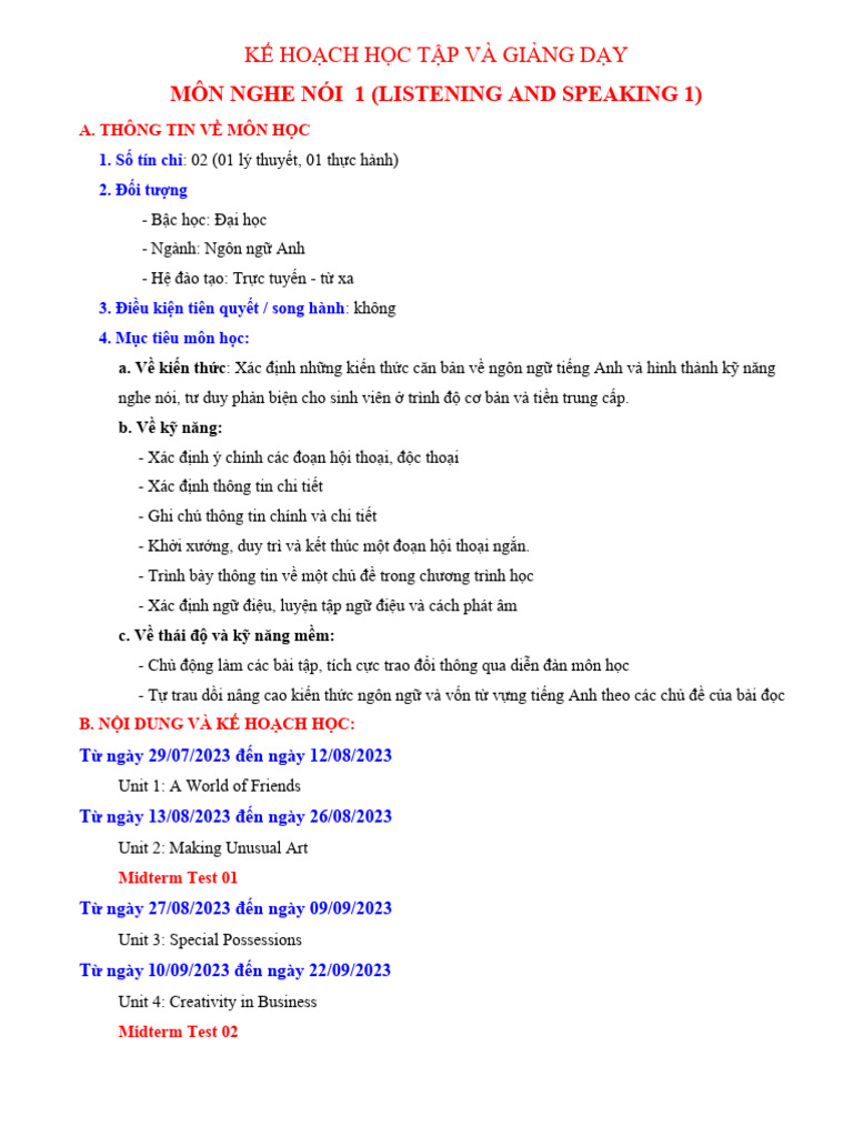 Listening And Speaking 1 Learning And Teaching Plan Pdf