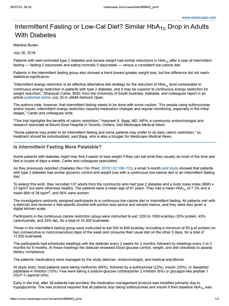 Intermittent Fasting vs Low-Cal Diet in Diabetes | PDF | Dieting ...