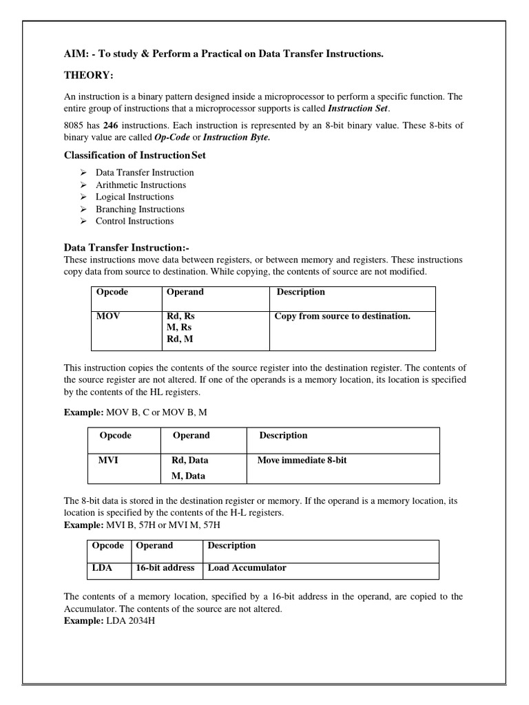 Data Transfer Instructions in 8085 | PDF | Central Processing Unit ...
