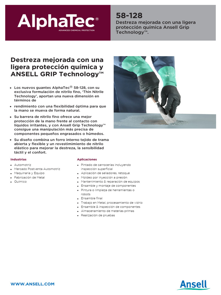Ficha-Alphatec-58-128_ANSELL | PDF | Factores humanos y ergonomía | Guante
