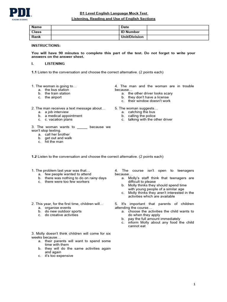 B1 English Language Mock Test Guide | PDF | Selfie | Room