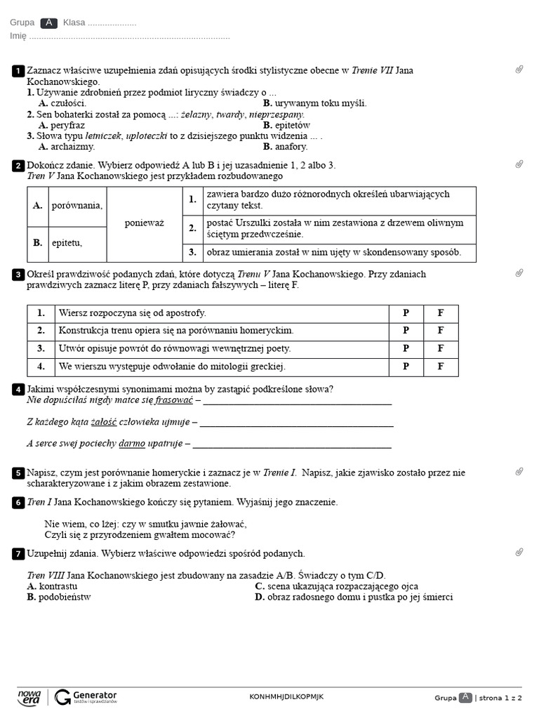 Jan Kochanowski Test Klasa 7