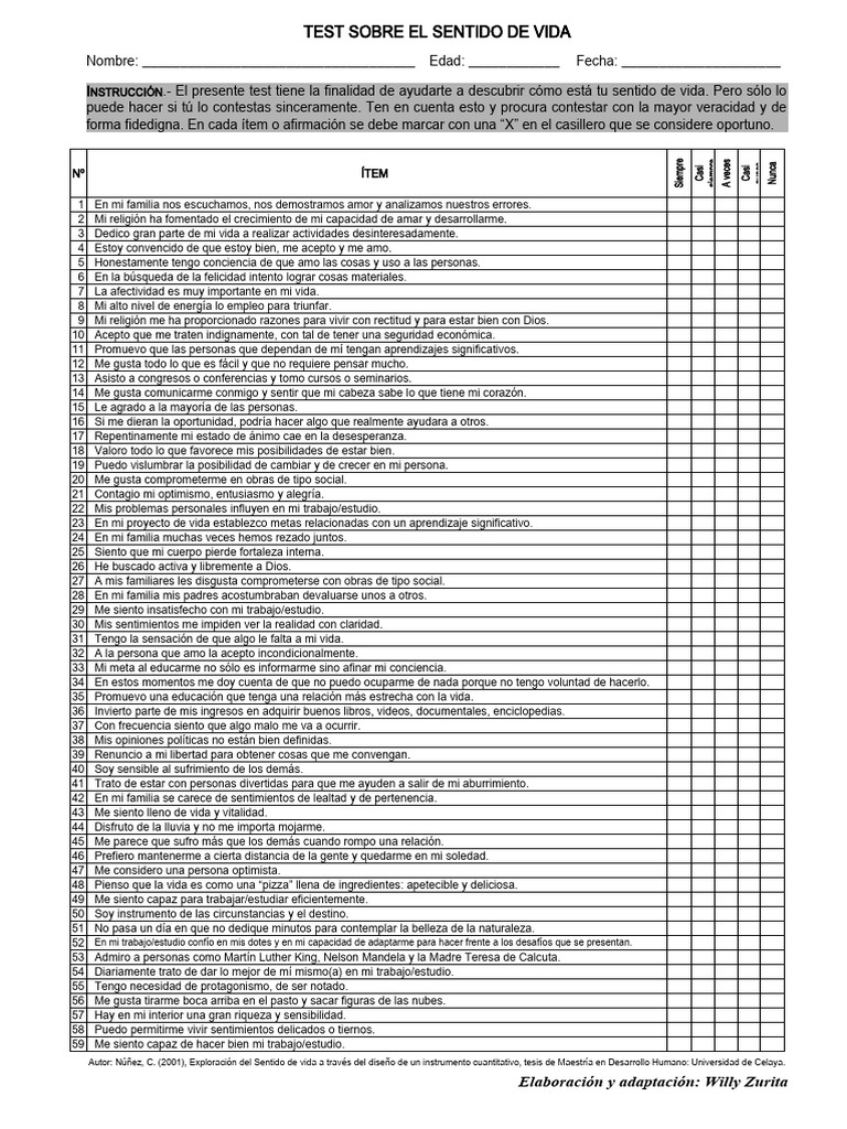 Test para Evaluar el Sentido de Vida | PDF | Felicidad | Amor