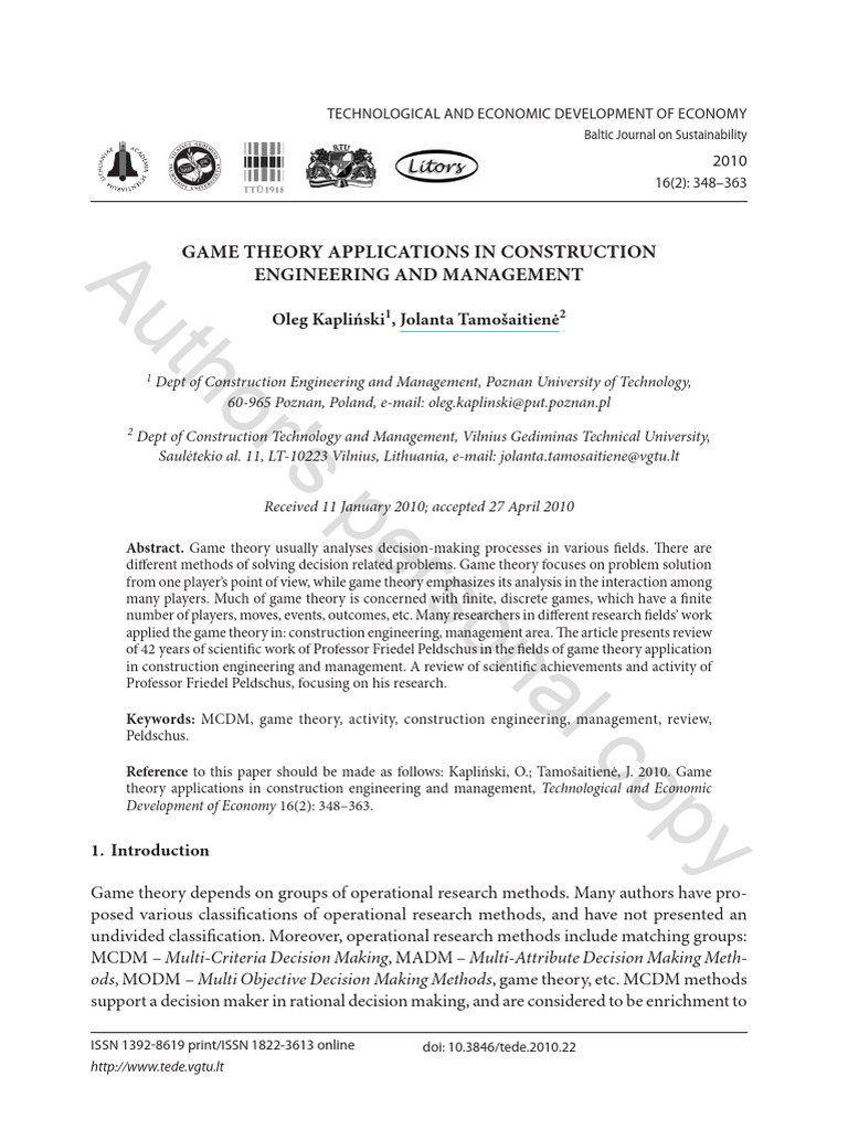 Game Theory in Construction Management | PDF | Game Theory ...